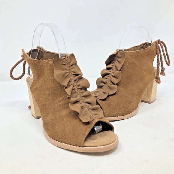 TOMS Shoes Womens 7.5 Elba Brown Suede Block Heel Peep Toe Slingback Ruffle Tied - Picture 1 of 10